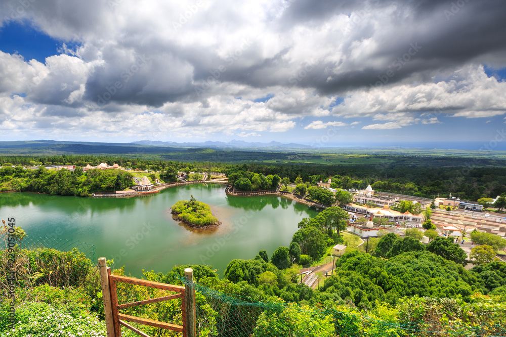 View from above at Grand bassin lake and Temple at Ganga Talao, Mauritius,  obrazy, fototapety, plakaty - BajeczneObrazy.pl