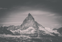 View Closeup Matterhorn Mountain, Scenes In National Park Zermatt, Switzerland, Europe. Summer Landscape, Sunshine Weather, Dramatic Blue Sky And Sunny Day. Print Poster, Image, Photo, Picture