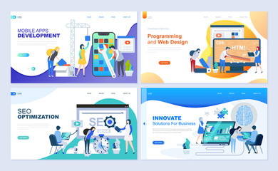 Set of landing page template for web development, SEO, mobile apps, business solutions. Modern vector illustration flat concepts decorated people character for website and mobile website development.