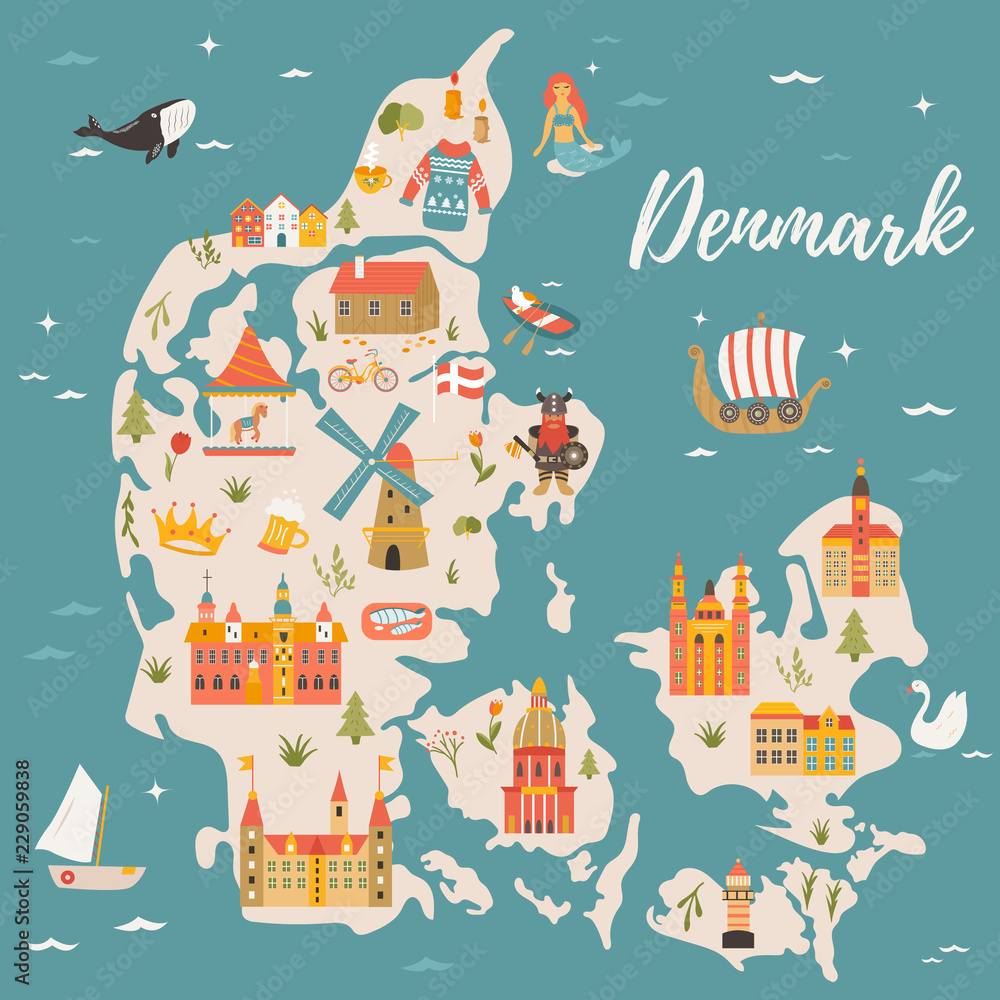Illustrated map of Kingdom of Denmark,