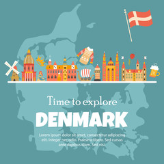 Wall Mural - Banner with danish symbols, famous places