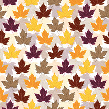 Vector Illustration Seamless Repeat Pattern Fall Maples Leaves In Yellow, Red, Purple, Tan And Orange. Great For Fabric, Paper, Tableware, Quilting And More. Surface Pattern Desigin.