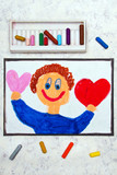 Fototapeta Młodzieżowe - Colorful drawing: A smiling boy holds in hands two hearts.