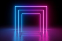 3d Render, Abstract Background, Square Portal, Glowing Lines, Tunnel, Neon Lights, Virtual Reality, Arch, Pink Blue Spectrum Vibrant Colors, Laser Show, Blank Space, Frame Isolated On Black