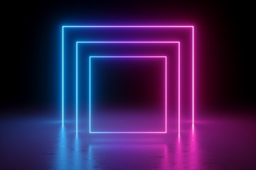 Wall Mural - 3d render, abstract background, square portal, glowing lines, tunnel, neon lights, virtual reality, arch, pink blue spectrum vibrant colors, laser show, blank space, frame isolated on black
