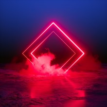 3d Render, Abstract Background, Square Portal, Red Neon Lights, Virtual Reality, Glowing Lines, Pink Blue, Ultraviolet Spectrum, Laser Show, Smoke, Fog, Terrain, Ground