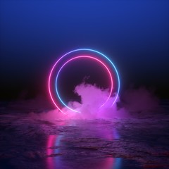 Sticker - 3d render, abstract background, round portal, pink blue neon lights, virtual reality, circles, energy source, glowing rings, blank space, frame, ultraviolet spectrum, laser show, smoke, fog, ground