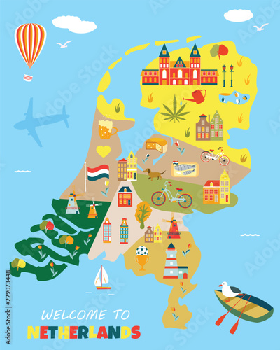 Cuadros en Lienzo Bright poster with different landmarks of Netherlands