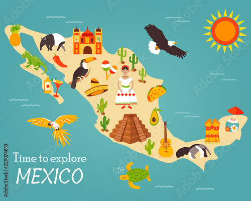 Cuadros en Lienzo Map of Mexico with destinations, animals, landmarks