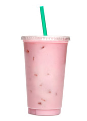 Wall Mural - Strawberry or raspberry milkshake smoothie in take away cup isolated on white background with clipping path