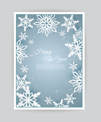 Christmas card with paper snow flake. Falling snowflakes on a dark blue winter background.