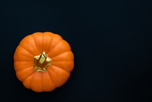 Orange Ceramic Pumpkin With A Gold Stem On A Black Background
