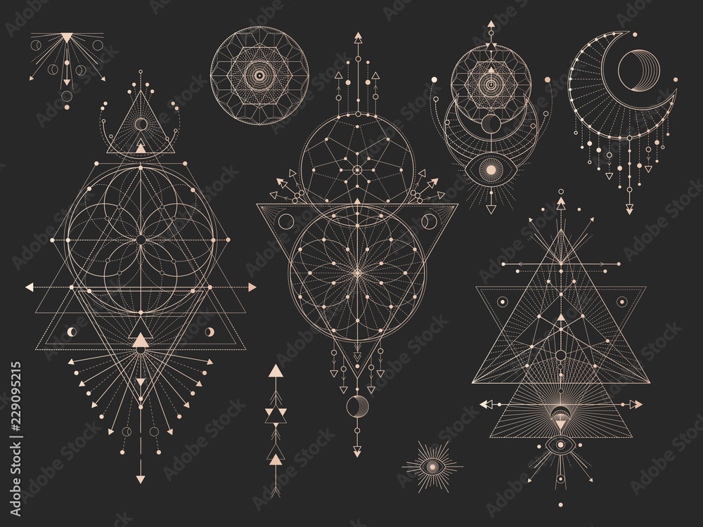 Vector set of Sacred geometric symbols with moon, eye, arrows, dreamcatcher and figures on black background. Gold abstract mystic signs collection drawn in lines. For you design. - obrazy, fototapety, plakaty 