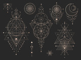 Fototapeta  - Vector set of Sacred geometric symbols with moon, eye, arrows, dreamcatcher and figures on black background. Gold abstract mystic signs collection drawn in lines. For you design.