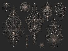 Vector Set Of Sacred Geometric Symbols With Moon, Eye, Arrows, Dreamcatcher And Figures On Black Background. Gold Abstract Mystic Signs Collection Drawn In Lines. For You Design.