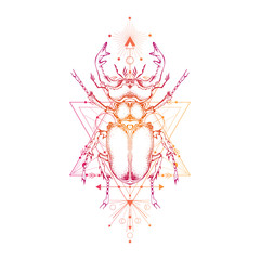 Wall Mural - vector illustration with hand drawn stag beetle and sacred geometric symbol on white background. abs