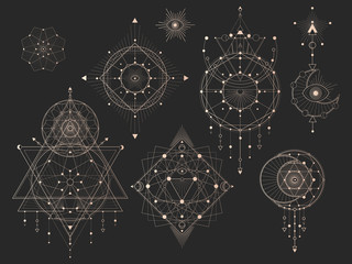 Wall Mural - vector set of sacred geometric symbols with moon, eye, arrows, dreamcatcher and figures on black bac
