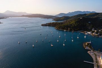 Aerial view of the Methana sea yaht harbor, Aegean sea, Greece.