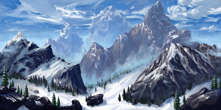 Mountain. Realistic Style. Video Game's Digital CG Artwork, Concept Illustration, Realistic Cartoon Style Scene Design
