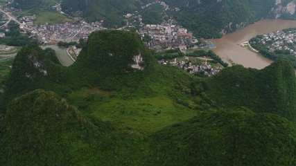 Wall Mural - aerial view of Karst mountains. Located near The Ancient Town of Xingping, Yangshuo County, Guilin City, Guangxi Province, China.