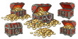 Cartoon set of pirate treasure chests open and closed, empty and full of gold coins and jewelry. Pile of golden money. Hand drawn vector illustration.