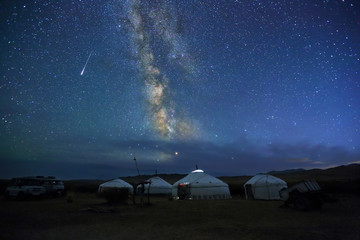 night scene of the milky way over mongolian yurts,western mongolia