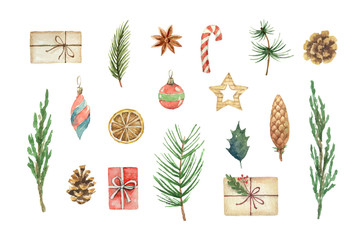 Wall Mural - watercolor vector christmas set with fir branches, balls and gifts.