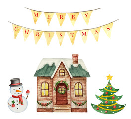 Christmas vector illustration with house, snowman and green tree.