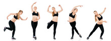 Collection Of A Beautiful Young Fitness Woman, Isolated On White Background. Set Of Happy People Doing Stretching Exercise, Full Length Portrait. 