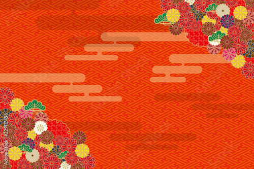 着物のイメージの正月用背景 和柄 赤:年賀状素材 工字繋ぎ文様と菊と雲の柄 - Buy this stock photo and explore  similar images at Adobe Stock | Adobe Stock