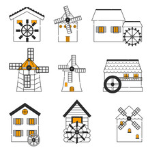 Vector Set Of Windmills And Watermills Icons Isolated On Background