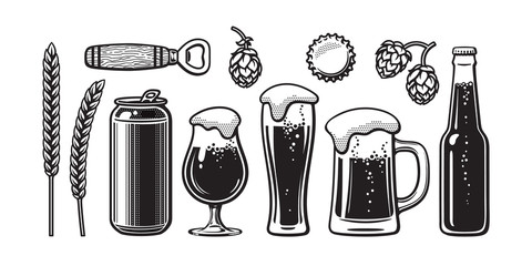 Wall Mural - vintage beer set. barley, wheat, can, glass, mug, bottle, opener, hop, bottle cap. vector illustrati