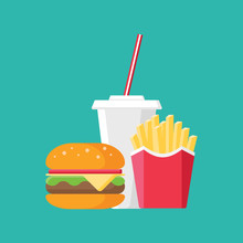 Set Of French Fries, Hamburger And Soda On Isolated Background. Fast Food Products In Flat Style On Blue Background. Vector Illustration.