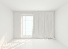 Empty White Room With Window And Curtains. Mockup, Template. 3d Illustration;