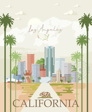 Los Angeles Vector City Template. California Poster In Colorful Flat Style.