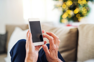 Poster - Hands of senior woman with smartphone at Christmas time. Copy space.