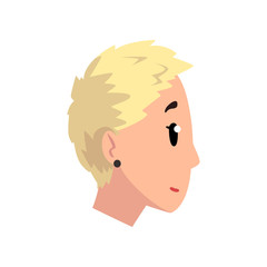 Sticker - Head of girl with short blonde hair, profile of young woman with fashion hairstyle vector Illustration on a white background