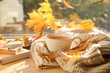 © Pixel-Shot - Cup of aromatic tea with warm plaid and autumn leaves on windowsill