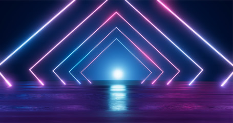 3d rendering. geometric figure in neon light against a dark tunnel. laser glow.