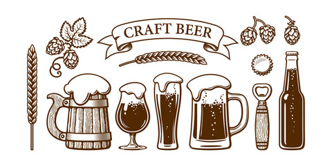 Wall Mural - vintage beer set. old wooden mug, glasses, opener, barley, wheat, hop, bottle cap. brewery, beer fes