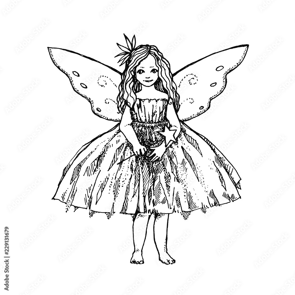 Charming little girl with a magic wand and fairy wings. A little angel.  Graphic hand drawn illustration. Stock Vector | Adobe Stock, image size:1000x1000