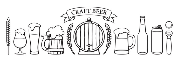 Wall Mural - beer objects set. beer glasses of different shape, mugs, old wooden barrel, bottle, can, opener, cap