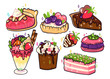 Various tasty desserts. Hand drawn colored vector set. All elements are isolated