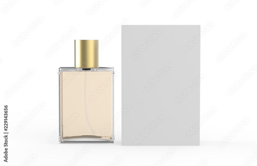 Perfume Bottle And Packaging Box On Isolated White Background, 3D Illustration - obrazy, fototapety, plakaty 