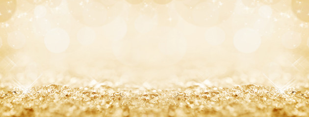 Wall Mural - Golden snow and bokeh Christmas panoramic background