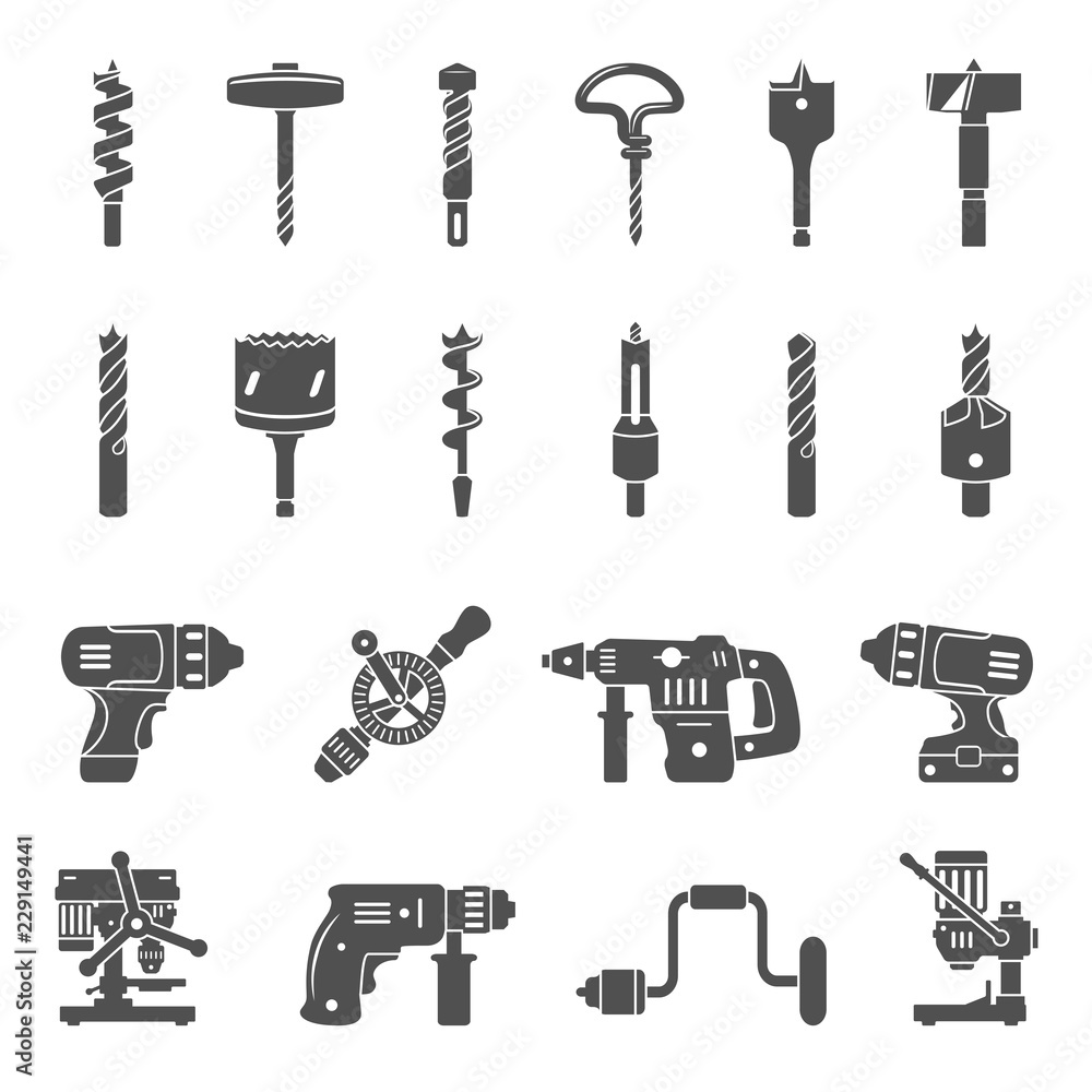 Black Icons - Different types of drills and drill bits - obrazy, fototapety, plakaty 