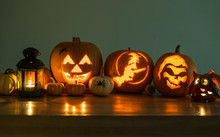 Halloween Decorated Pumpkins With Candles And A Lantern