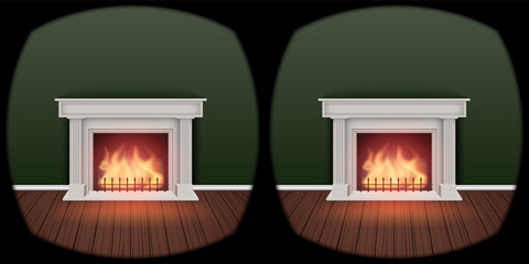 The concept of VR technology of choose furniture arrangement for interior. Use vr glasses to creating perfect housing. Imitation of the inside VR glasses view at fireplace. Editable Vector