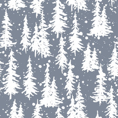 Wall Mural - Christmas and New Year seamless pattern with pines and snowfall