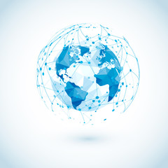 Global network connection. Low Polygonal World map with abstract digital communications. Dots and lines World Wide Web structure. Vector Illustration